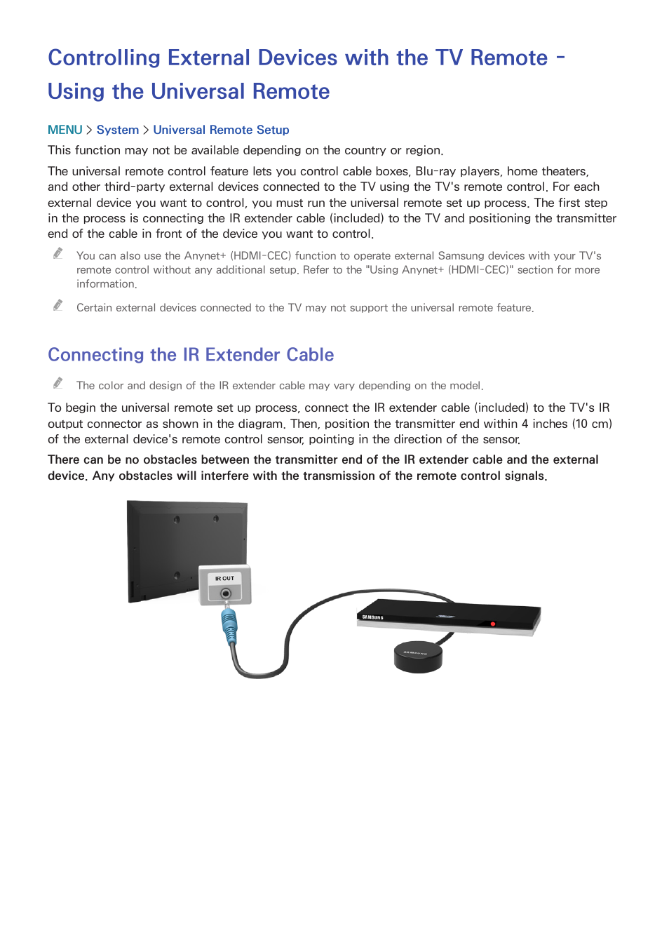 34 connecting the ir extender cable, Connecting the ir extender cable | Samsung UN32H5500AFXZA User Manual | Page 40 / 225