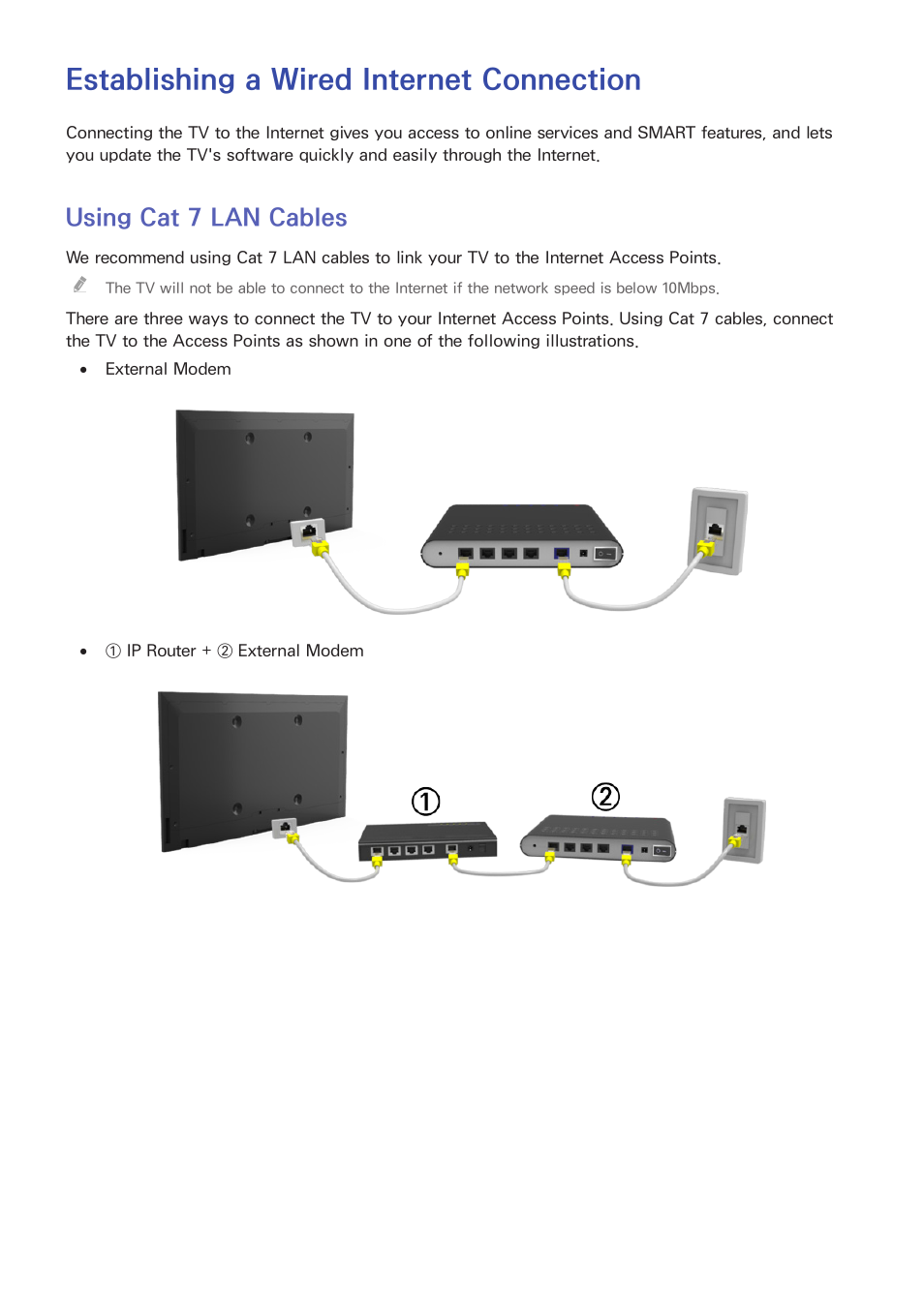 Internet connection, Establishing a wired internet connection, 42 using cat 7 lan cables | Using cat 7 lan cables | Samsung UN32H5500AFXZA User Manual | Page 48 / 225