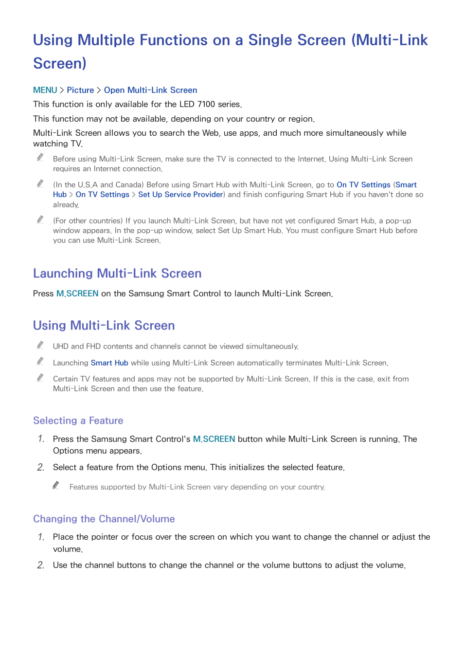 Smart features, 52 launching multi-link screen, 52 using | Multi-link screen, Launching multi-link screen, Using multi-link screen | Samsung UN32H5500AFXZA User Manual | Page 58 / 225