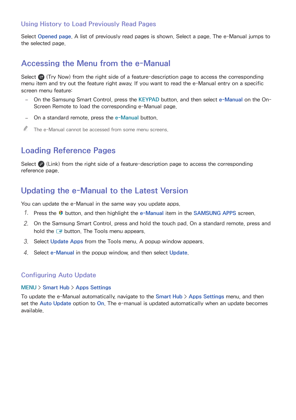 70 accessing the menu from the e-manual, 70 updating the e-manual to the latest version, Accessing the menu from the e-manual | Loading reference pages, Updating the e-manual to the latest version | Samsung UN32H5500AFXZA User Manual | Page 76 / 225