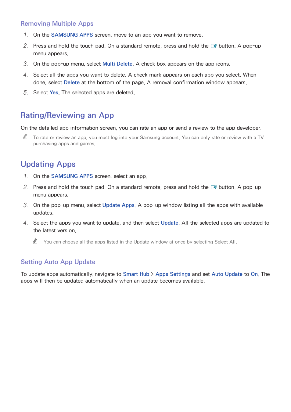 76 rating/reviewing an app, 76 updating apps, Rating/reviewing an app | Updating apps | Samsung UN32H5500AFXZA User Manual | Page 82 / 225