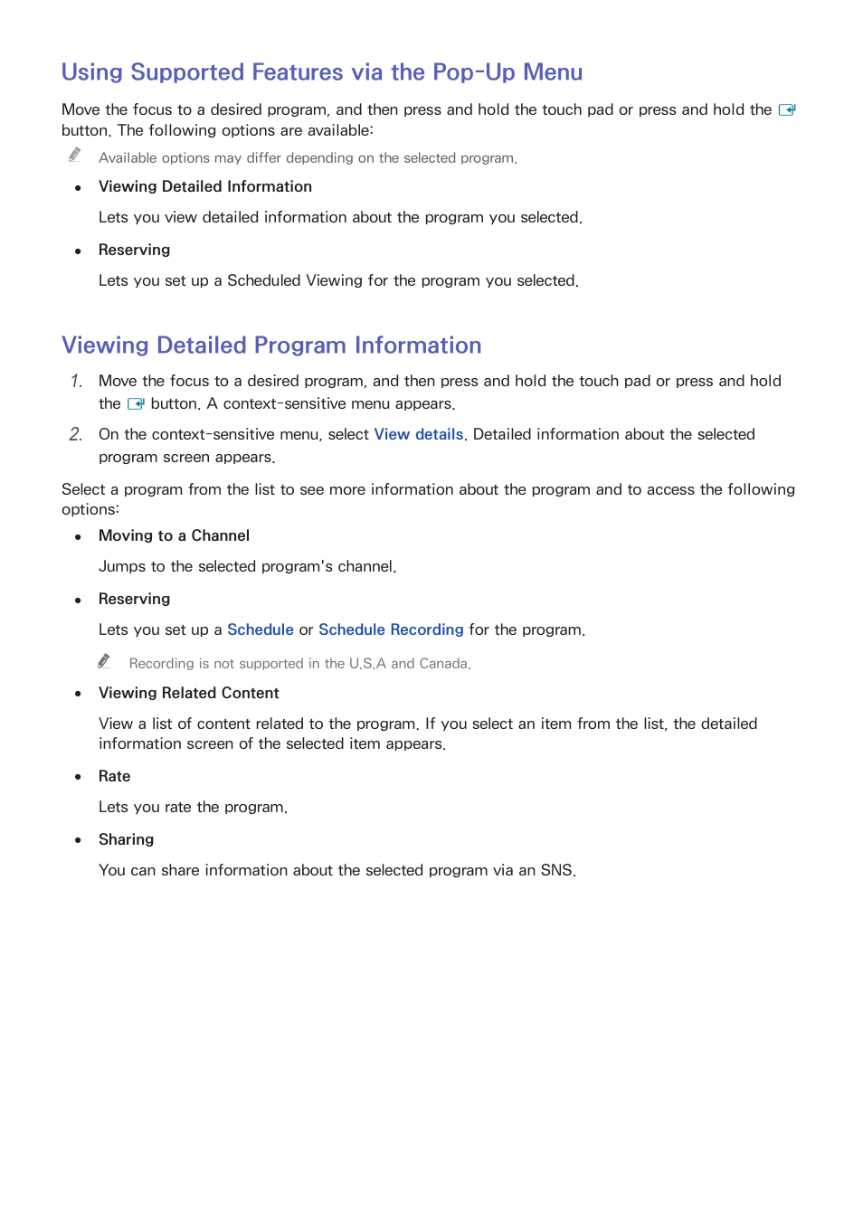 79 using supported features via the pop-up menu, 79 viewing detailed program information, Using supported features via the pop-up menu | Viewing detailed program information | Samsung UN32H5500AFXZA User Manual | Page 85 / 225