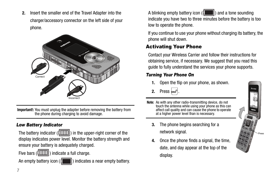 Low battery indicator, Activating your phone, Turning your phone on | Samsung SEC-R470NBAUSC User Manual | Page 10 / 160