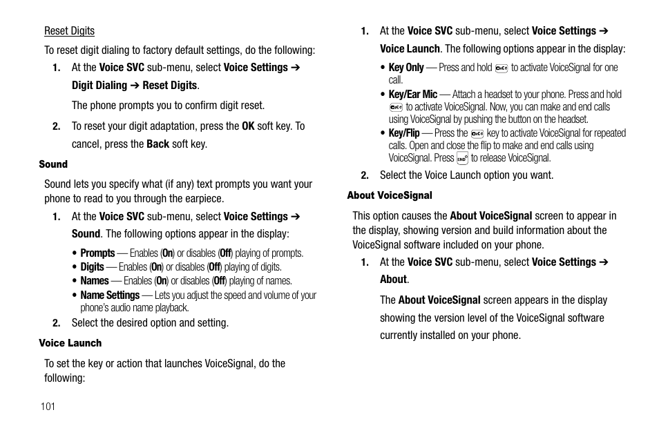 Sound, Voice launch, About voicesignal | Samsung SEC-R470NBAUSC User Manual | Page 104 / 160