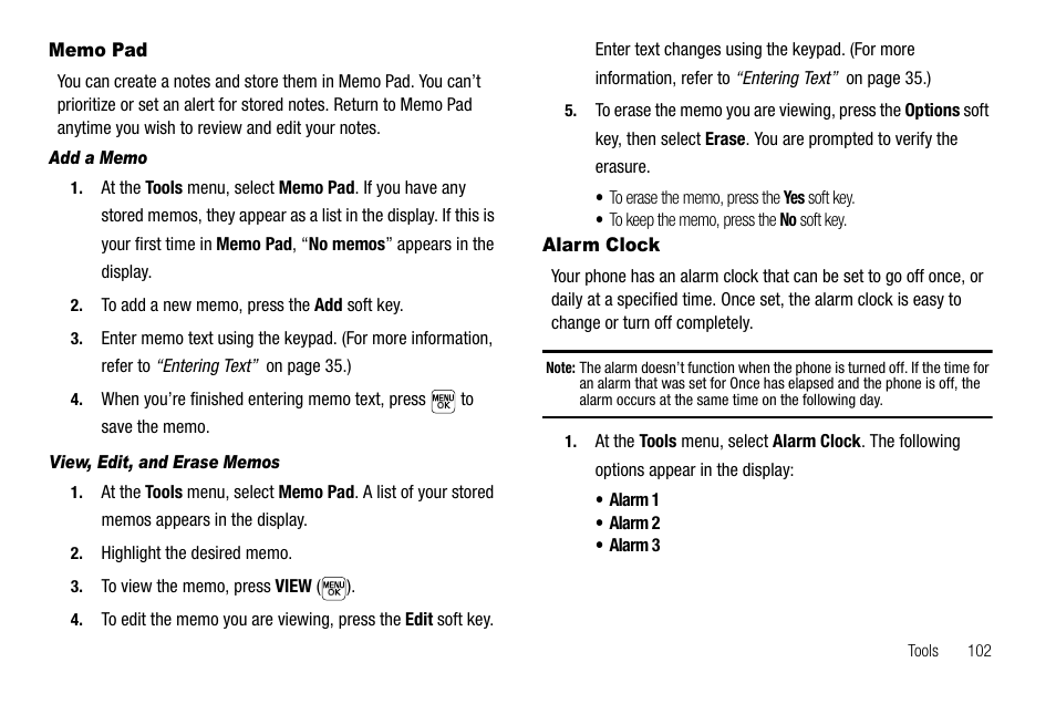 Memo pad, Add a memo, View, edit, and erase memos | Alarm clock, Memo pad alarm clock | Samsung SEC-R470NBAUSC User Manual | Page 105 / 160