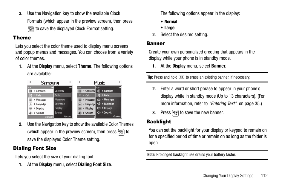 Theme, Dialing font size, Banner | Backlight, Theme dialing font size banner backlight | Samsung SEC-R470NBAUSC User Manual | Page 115 / 160