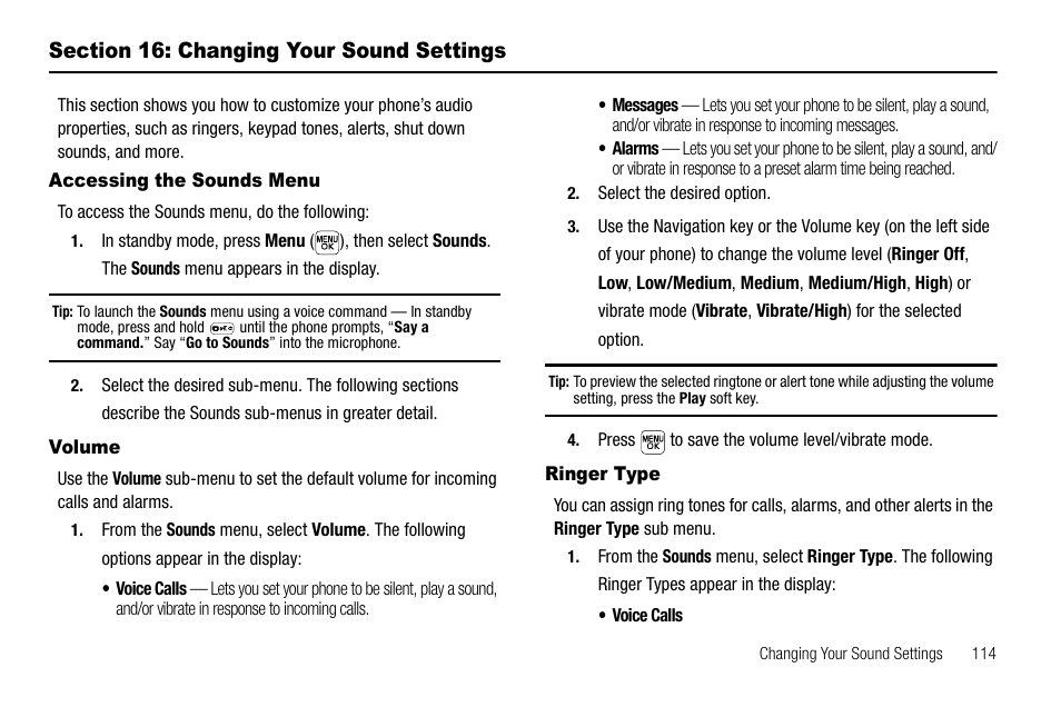 Section 16: changing your sound settings, Accessing the sounds menu, Volume | Ringer type, Accessing the sounds menu volume ringer type | Samsung SEC-R470NBAUSC User Manual | Page 117 / 160