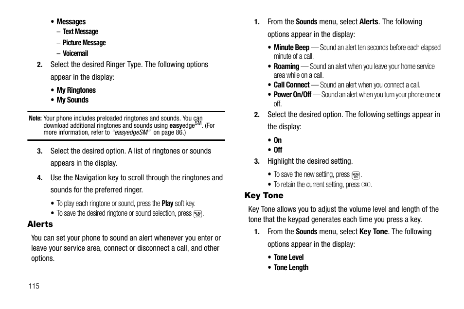 Alerts, Key tone, Alerts key tone | Samsung SEC-R470NBAUSC User Manual | Page 118 / 160