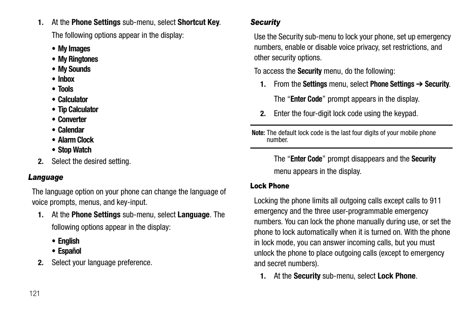 Language, Security, Lock phone | Samsung SEC-R470NBAUSC User Manual | Page 124 / 160