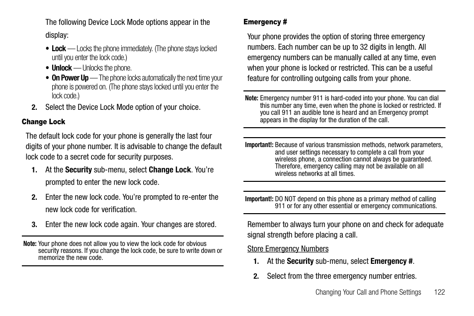 Change lock, Emergency | Samsung SEC-R470NBAUSC User Manual | Page 125 / 160