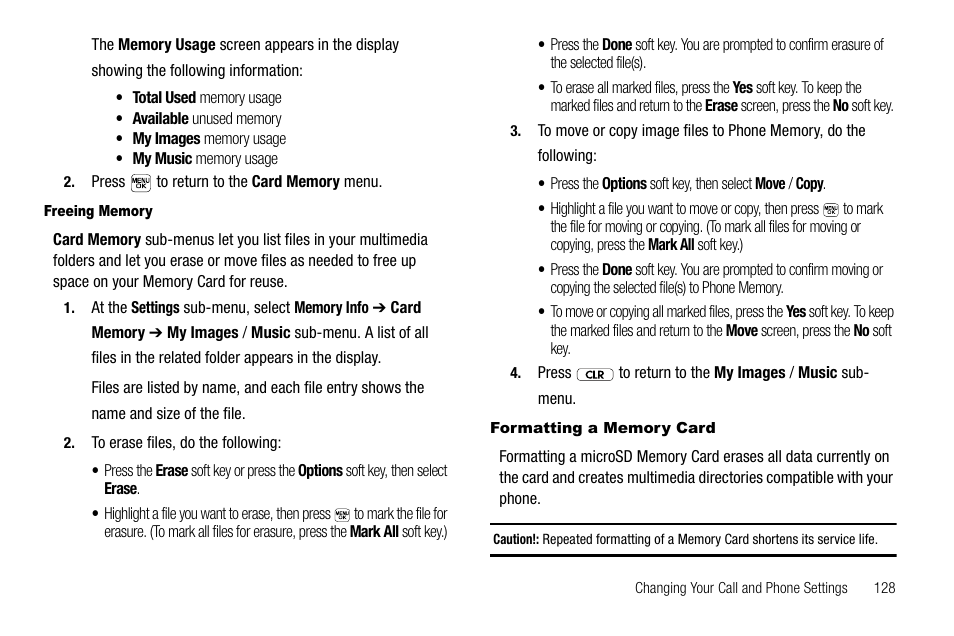 Freeing memory, Formatting a memory card | Samsung SEC-R470NBAUSC User Manual | Page 131 / 160