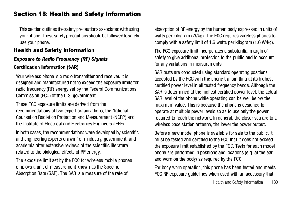 Section 18: health and safety information, Health and safety information, Exposure to radio frequency (rf) signals | Certification information (sar) | Samsung SEC-R470NBAUSC User Manual | Page 133 / 160