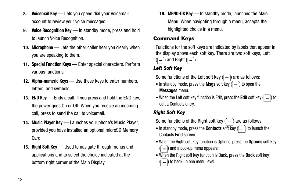 Command keys, Left soft key, Right soft key | Samsung SEC-R470NBAUSC User Manual | Page 16 / 160