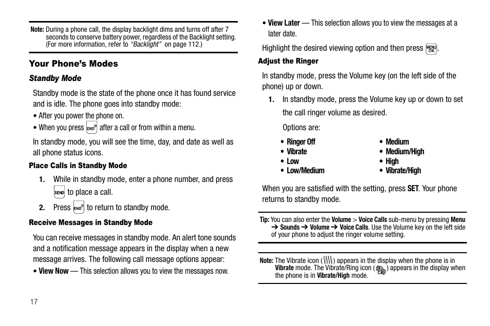Your phone’s modes, Standby mode, Place calls in standby mode | Receive messages in standby mode, Adjust the ringer | Samsung SEC-R470NBAUSC User Manual | Page 20 / 160