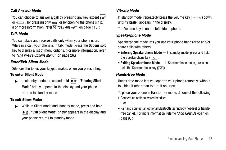 Call answer mode, Talk mode, Enter/exit silent mode | To enter silent mode, To exit silent mode, Vibrate mode, Speakerphone mode, Hands-free mode | Samsung SEC-R470NBAUSC User Manual | Page 21 / 160