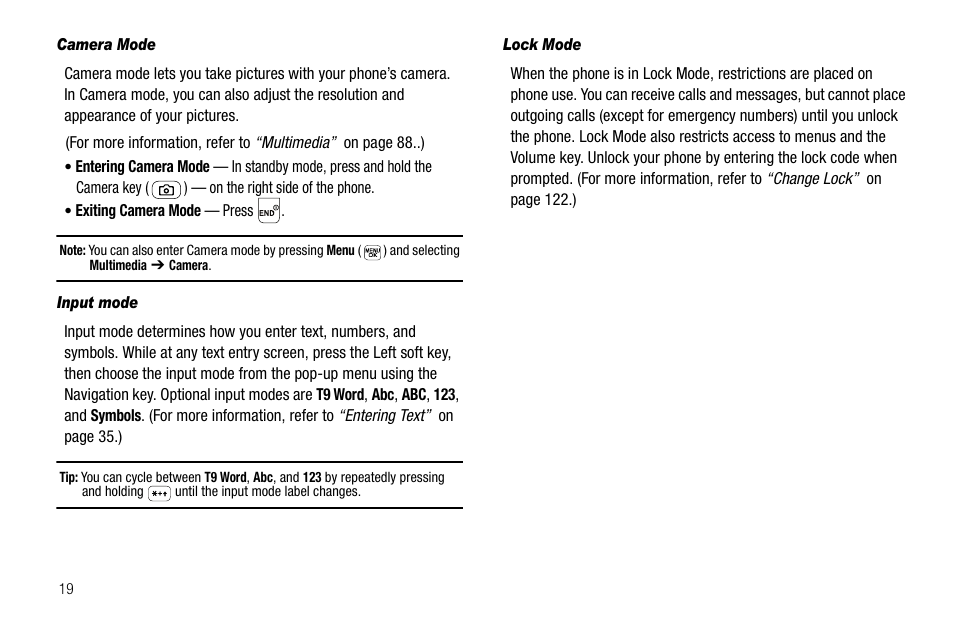 Camera mode, Input mode, Lock mode | Samsung SEC-R470NBAUSC User Manual | Page 22 / 160