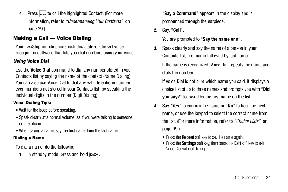 Making a call — voice dialing, Using voice dial, Voice dialing tips | Dialing a name | Samsung SEC-R470NBAUSC User Manual | Page 27 / 160