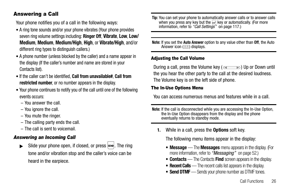 Answering a call, Answering an incoming call, Adjusting the call volume | The in-use options menu | Samsung SEC-R470NBAUSC User Manual | Page 29 / 160