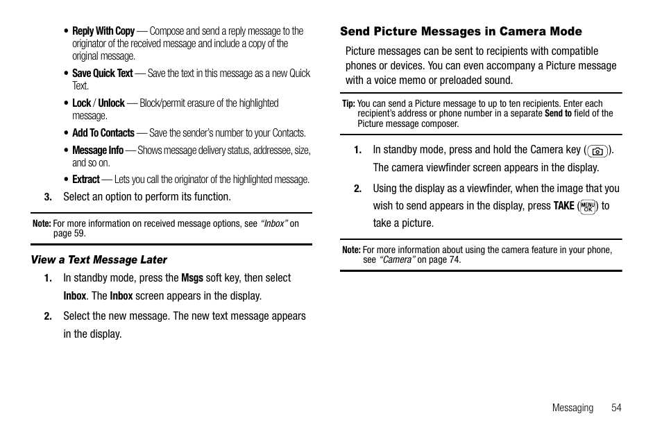 View a text message later, Send picture messages in camera mode | Samsung SEC-R470NBAUSC User Manual | Page 57 / 160