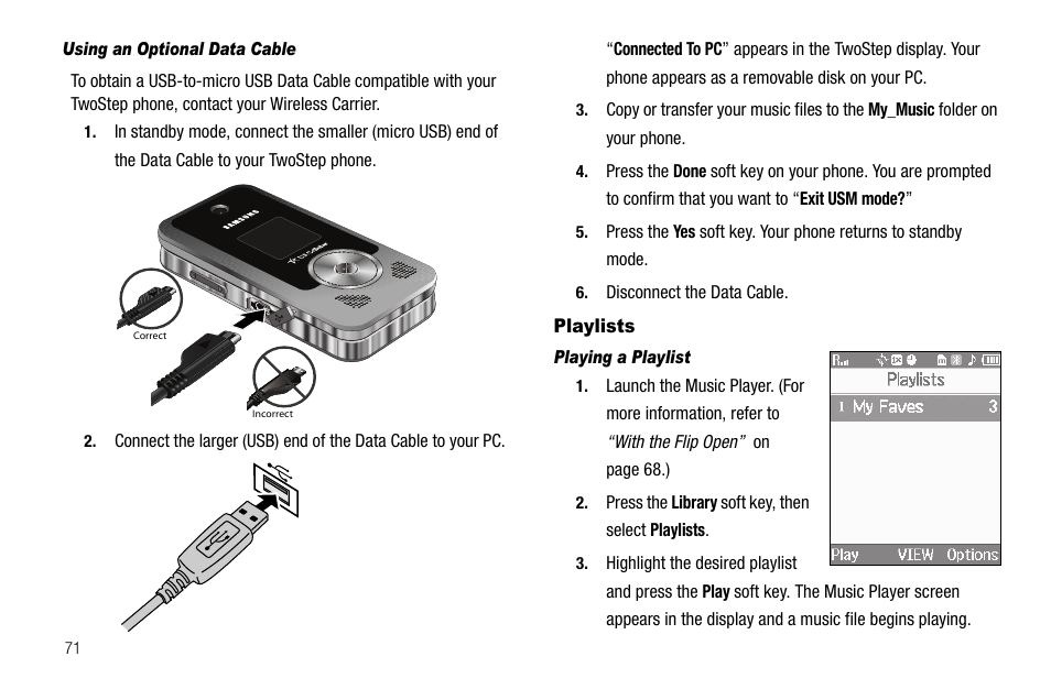 Using an optional data cable, Playlists, Playing a playlist | Samsung SEC-R470NBAUSC User Manual | Page 74 / 160