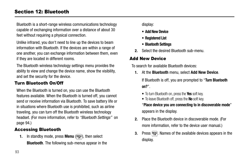 Section 12: bluetooth, Turn bluetooth on/off, Accessing bluetooth | Add new device | Samsung SEC-R470NBAUSC User Manual | Page 96 / 160