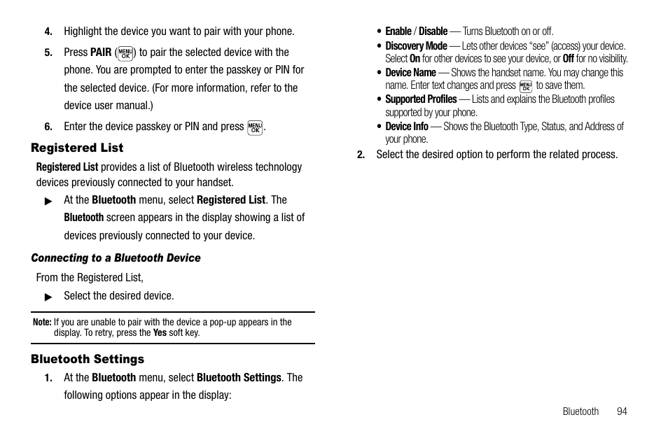 Registered list, Connecting to a bluetooth device, Bluetooth settings | Registered list bluetooth settings | Samsung SEC-R470NBAUSC User Manual | Page 97 / 160