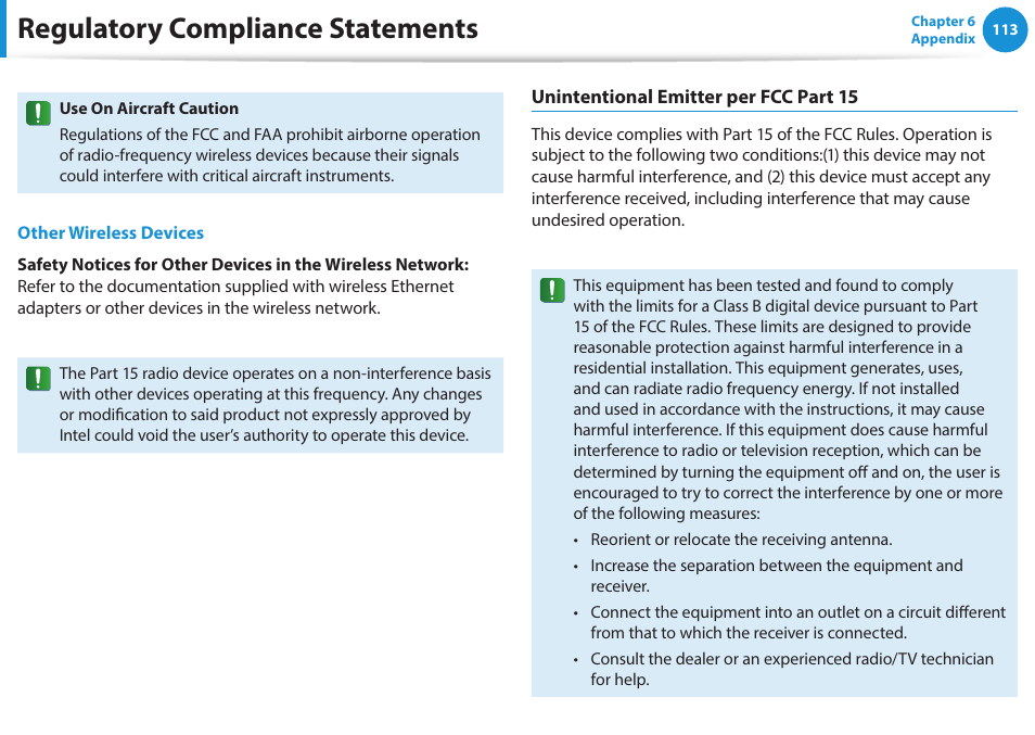 Regulatory compliance statements | Samsung NP270E5E-K01US User Manual | Page 114 / 133