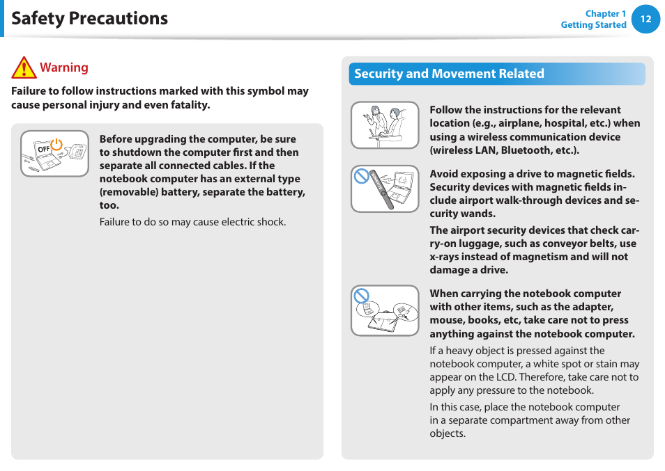 Safety precautions, Security and movement related, Warning | Samsung NP270E5E-K01US User Manual | Page 13 / 133