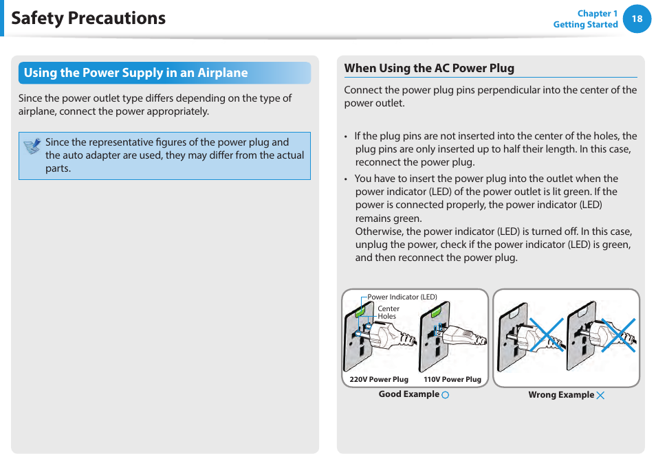 Safety precautions, Using the power supply in an airplane | Samsung NP270E5E-K01US User Manual | Page 19 / 133