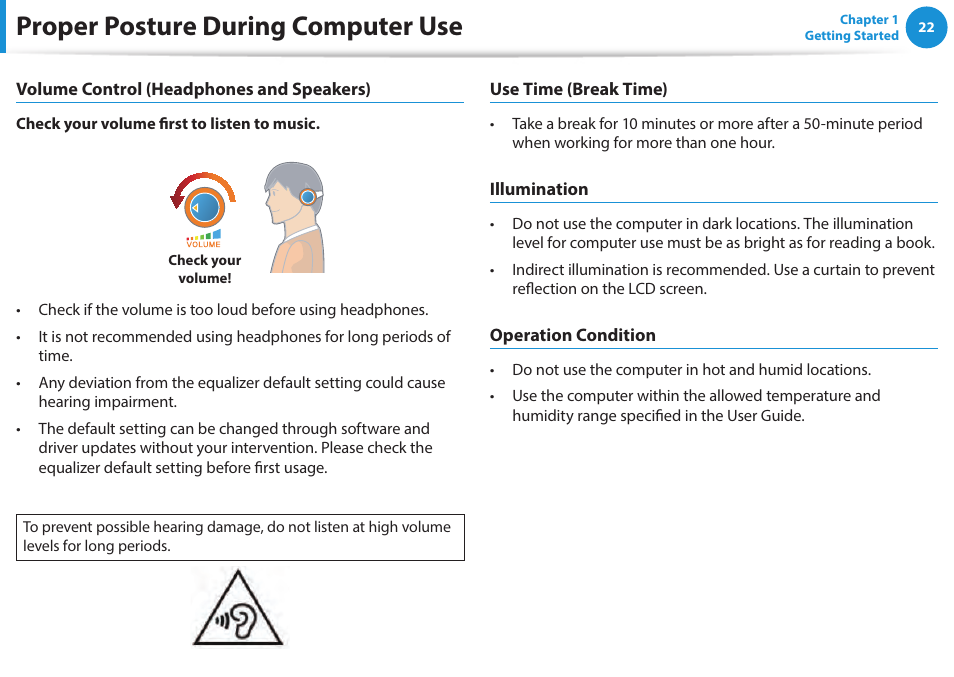 Proper posture during computer use | Samsung NP270E5E-K01US User Manual | Page 23 / 133