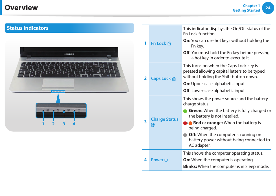 Overview, Status indicators | Samsung NP270E5E-K01US User Manual | Page 25 / 133