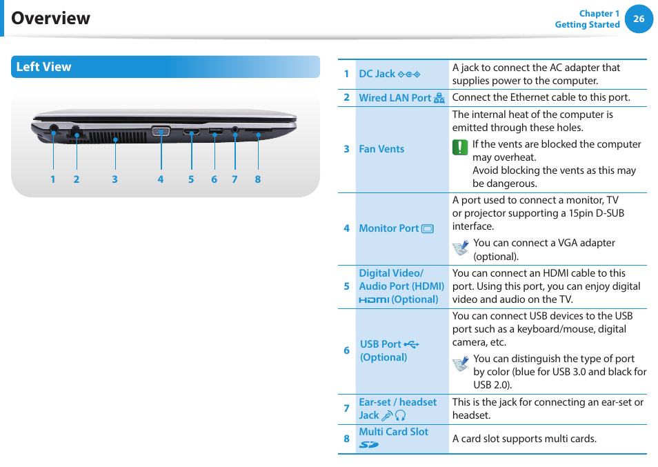 Overview, Left view | Samsung NP270E5E-K01US User Manual | Page 27 / 133