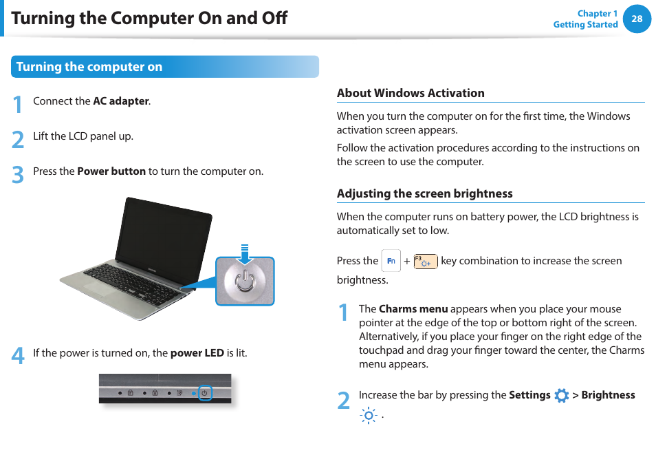 Turning the computer on and off | Samsung NP270E5E-K01US User Manual | Page 29 / 133