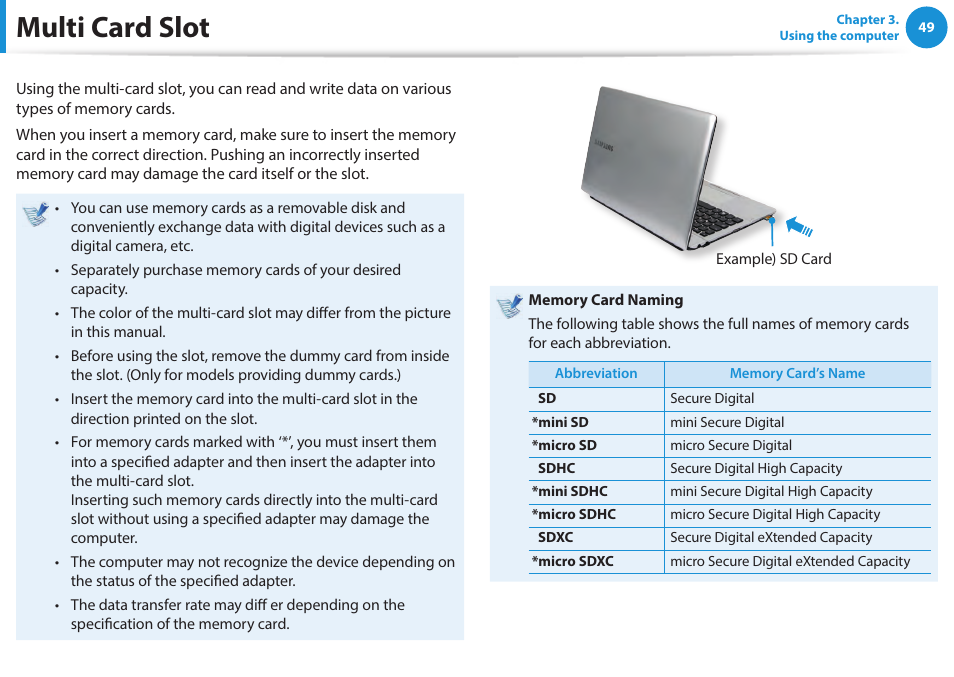 Multi card slot | Samsung NP270E5E-K01US User Manual | Page 50 / 133