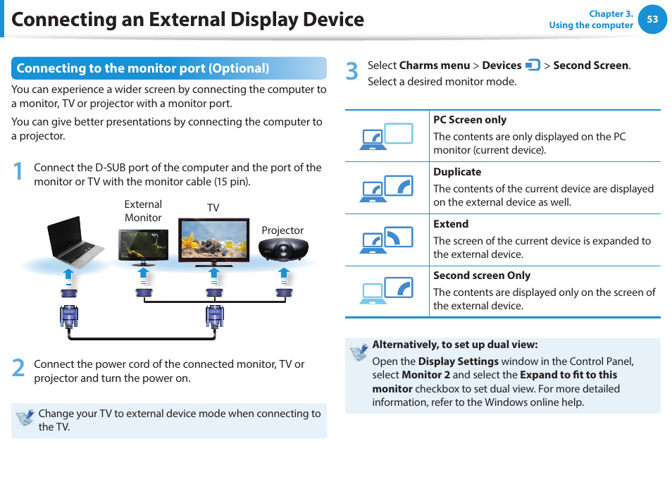 Connecting an external display device, Connecting to the monitor port (optional) | Samsung NP270E5E-K01US User Manual | Page 54 / 133