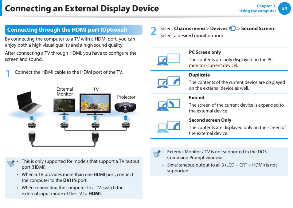 Connecting an external display device, Connecting through the hdmi port (optional) | Samsung NP270E5E-K01US User Manual | Page 55 / 133