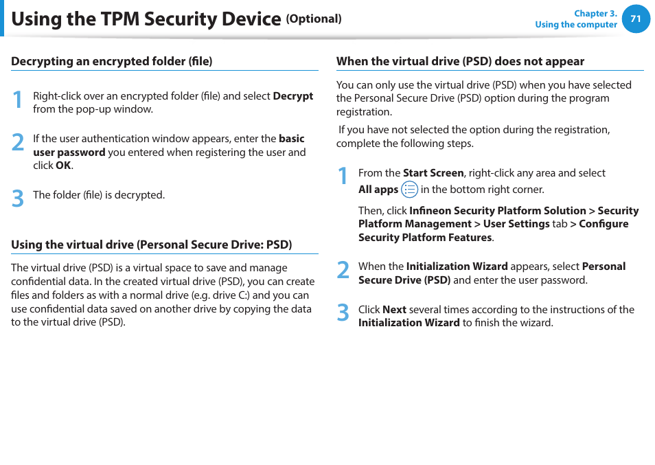 Using the tpm security device | Samsung NP270E5E-K01US User Manual | Page 72 / 133