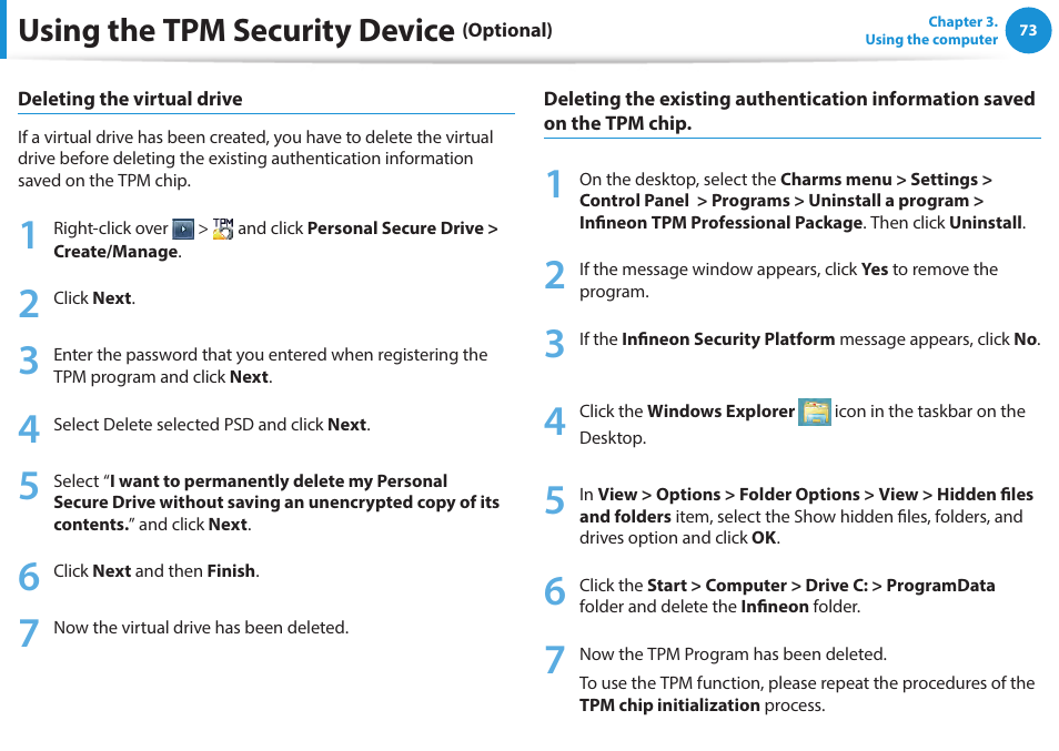 Using the tpm security device | Samsung NP270E5E-K01US User Manual | Page 74 / 133