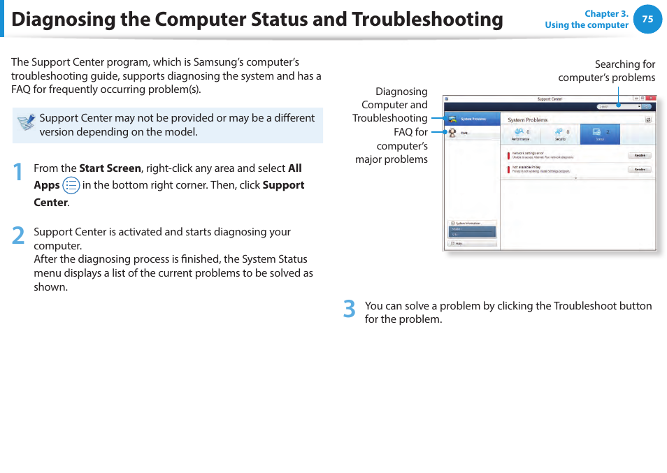 Diagnosing the computer status and troubleshooting, Diagnosing the computer status and, Troubleshooting | Samsung NP270E5E-K01US User Manual | Page 76 / 133