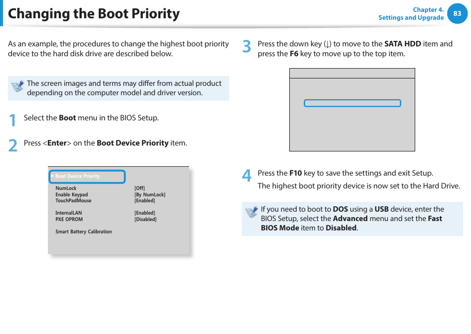 Changing the boot priority | Samsung NP270E5E-K01US User Manual | Page 84 / 133