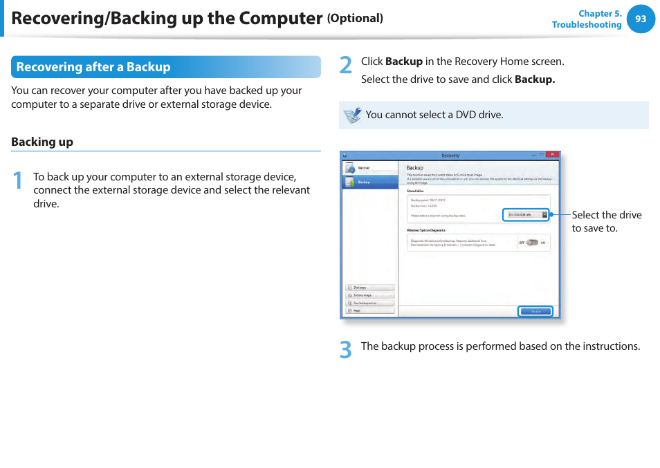 Recovering/backing up the computer | Samsung NP270E5E-K01US User Manual | Page 94 / 133