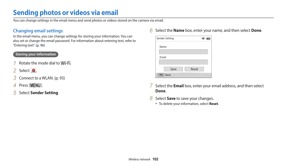 Sending photos or videos via email, Changing email settings | Samsung EC-WB1100BPRUS User Manual | Page 103 / 147