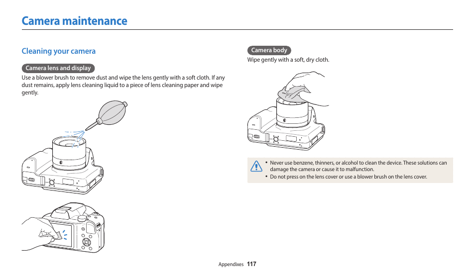 Camera maintenance, Cleaning your camera | Samsung EC-WB1100BPRUS User Manual | Page 118 / 147