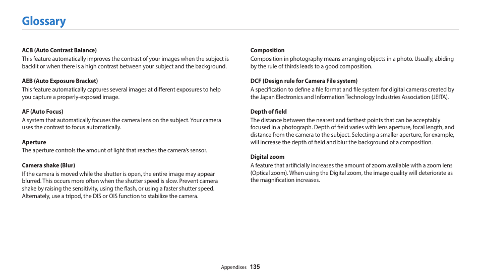 Glossary | Samsung EC-WB1100BPRUS User Manual | Page 136 / 147