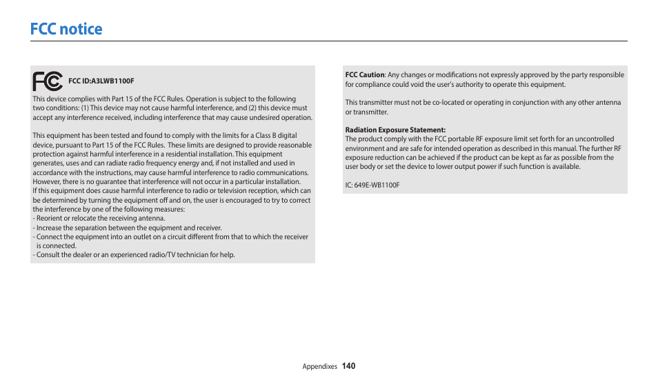 Fcc notice | Samsung EC-WB1100BPRUS User Manual | Page 141 / 147