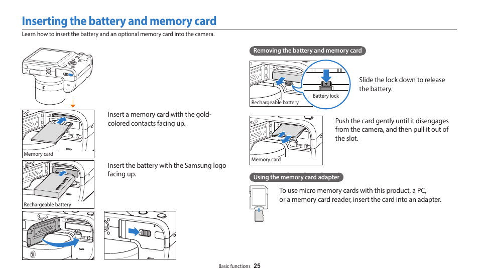 Inserting the battery and memory card | Samsung EC-WB1100BPRUS User Manual | Page 26 / 147