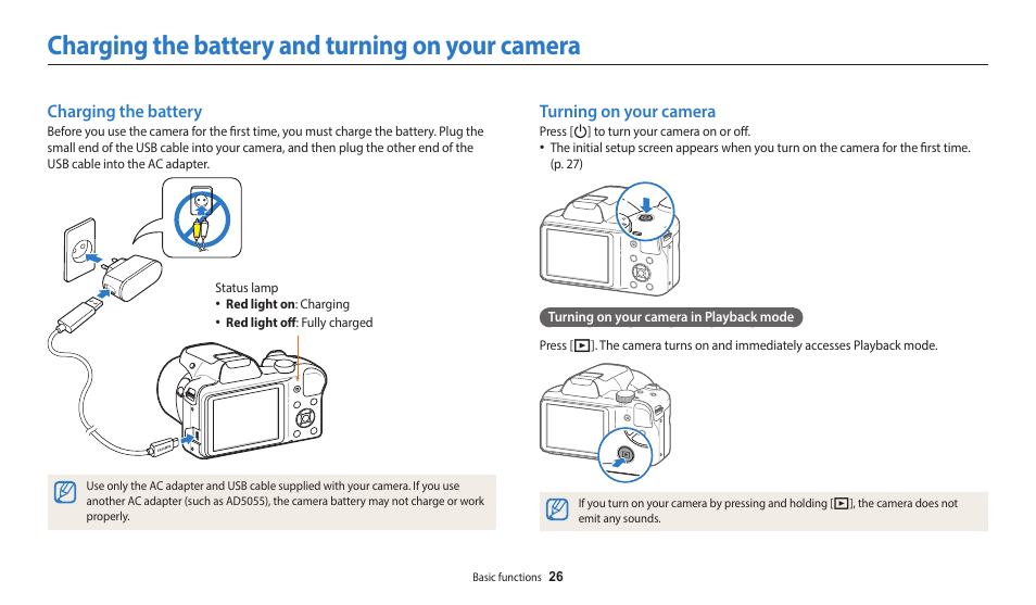 Charging the battery and turning on your camera, Charging the battery, Turning on your camera | Charging the battery turning on your camera | Samsung EC-WB1100BPRUS User Manual | Page 27 / 147
