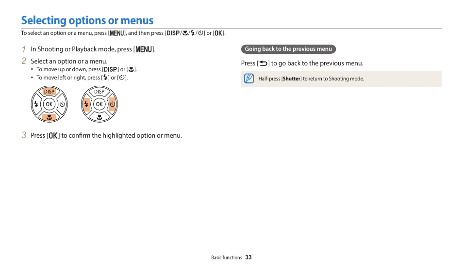 Selecting options or menus | Samsung EC-WB1100BPRUS User Manual | Page 34 / 147