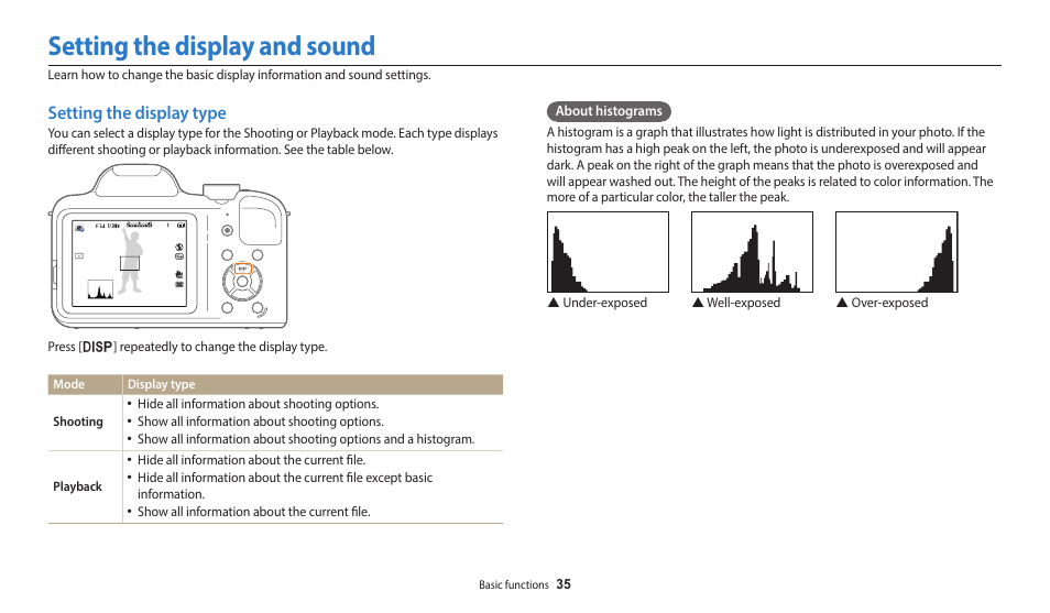 Setting the display and sound, Setting the display type | Samsung EC-WB1100BPRUS User Manual | Page 36 / 147