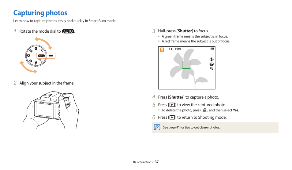 Capturing photos | Samsung EC-WB1100BPRUS User Manual | Page 38 / 147